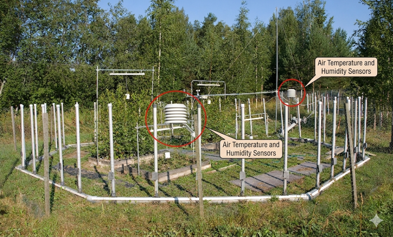 A Campbell Scientific CS215 temperature and relative humidity probe mounted in a multi-plate radiation shield, used for high-accuracy ambient monitoring.