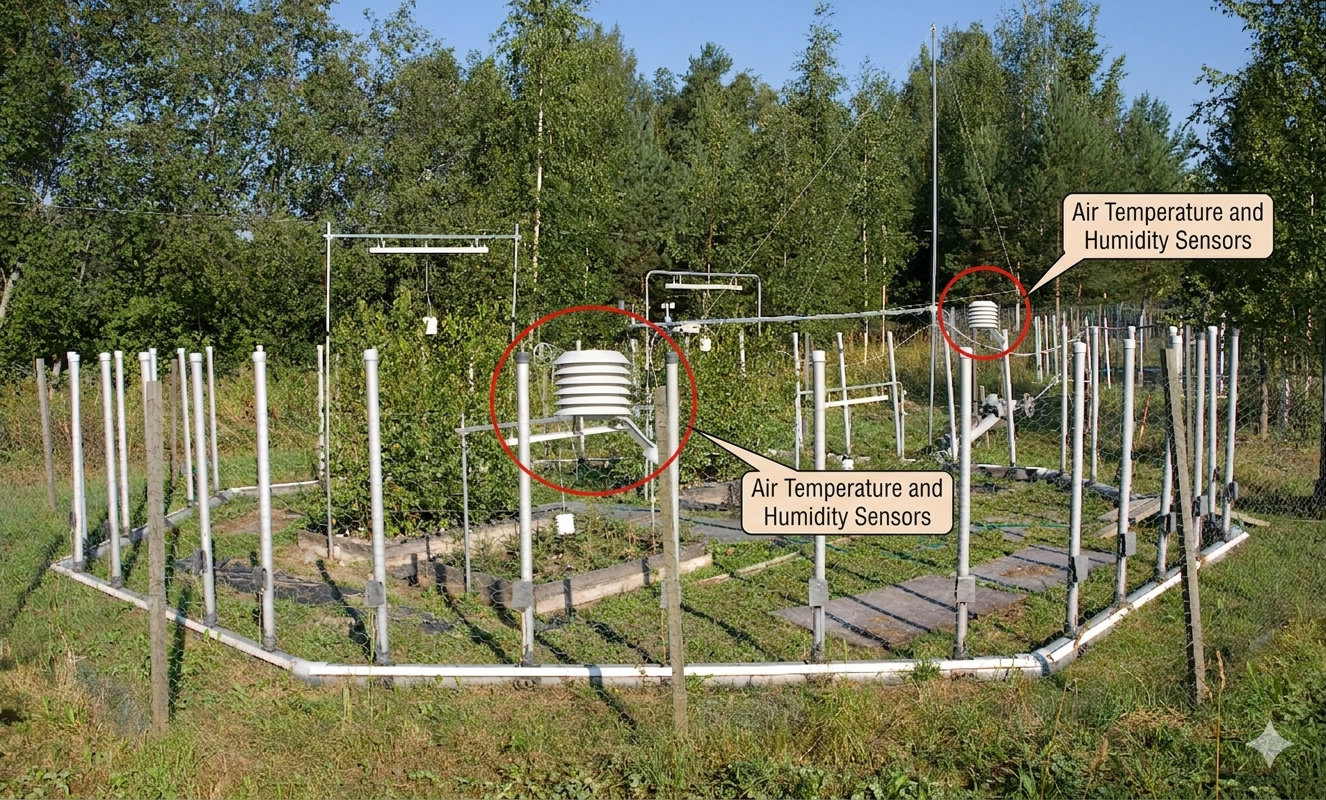 A Campbell Scientific CS215 temperature and relative humidity probe mounted in a multi-plate radiation shield, used for high-accuracy ambient monitoring.