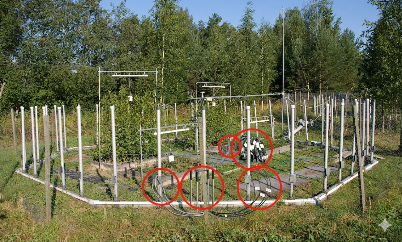 An experimental field setup at UEF for climate change research. The photo includes red circles marking the precise installation points of soil moisture and temperature sensors in the root zone, illustrating the complexity of a wired monitoring system in a forest ecology study.