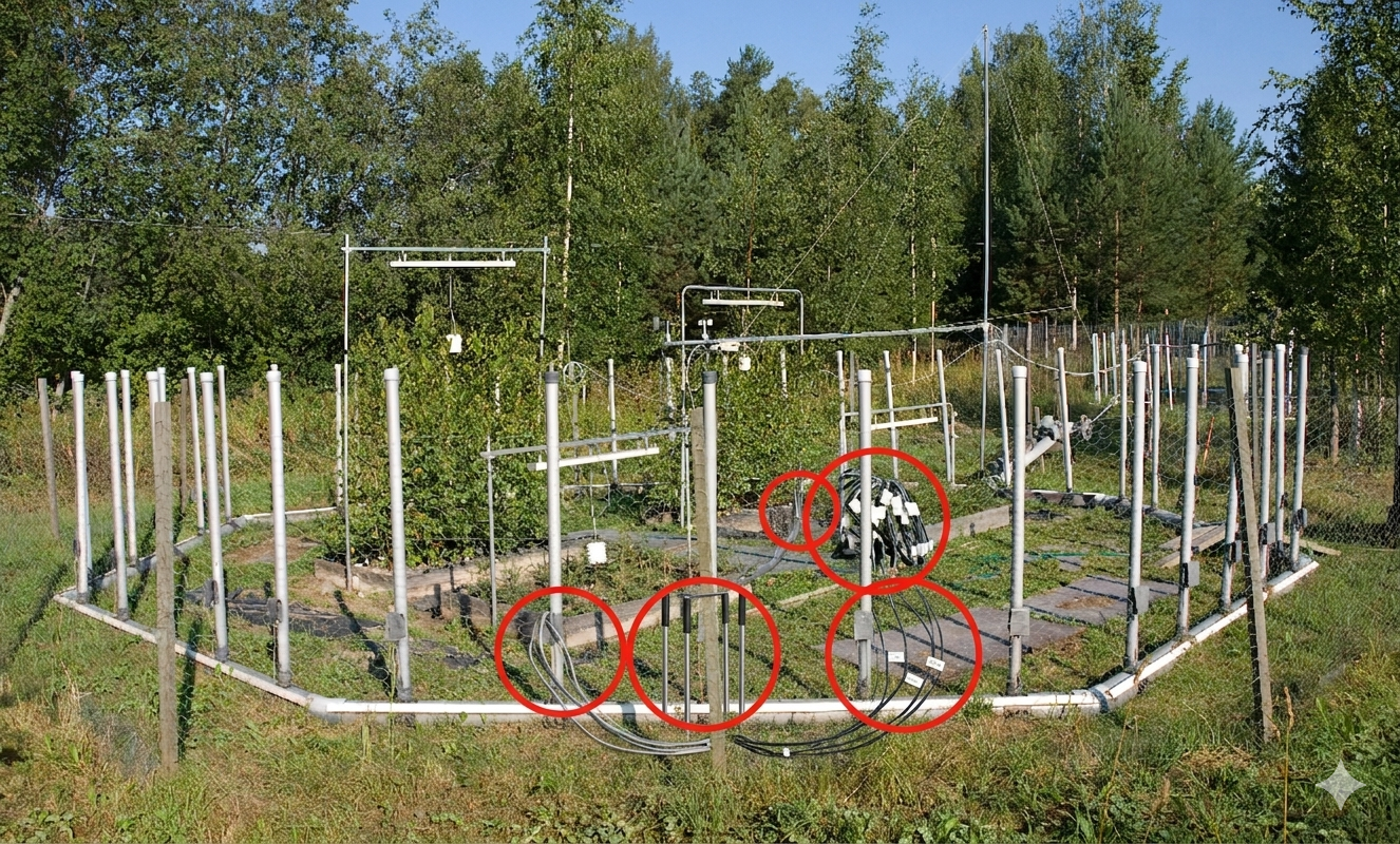 Experimental field setup at UEF showing soil moisture sensor cabling and temperature probes marked in red circles for a climate change study on silver birch.