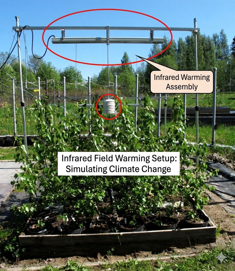 A high-resolution view of a climate warming experiment at UEF. Red circles highlight the overhead infrared heaters and the central infrared thermometer used to regulate canopy temperature for silver birch saplings.