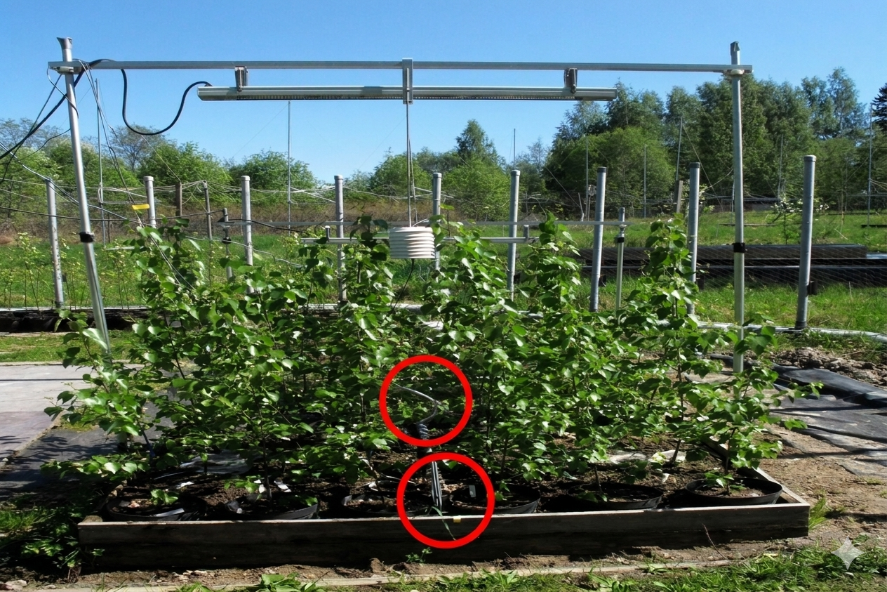 An environmental manipulation plot for silver birch, featuring infrared heaters above and a continuous soil temperature probe (highlighted in red). A second red circle highlights the grey sensor wire trailing along the soil surface toward the data logger.