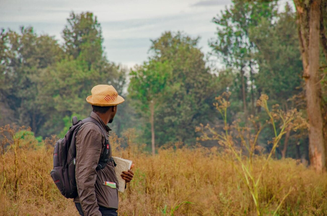 Field researcher wearing a backpack with equipment in an open outdoor landscape illustrating the importance of reliable field equipment bags for carrying scientific instruments during ecological research.