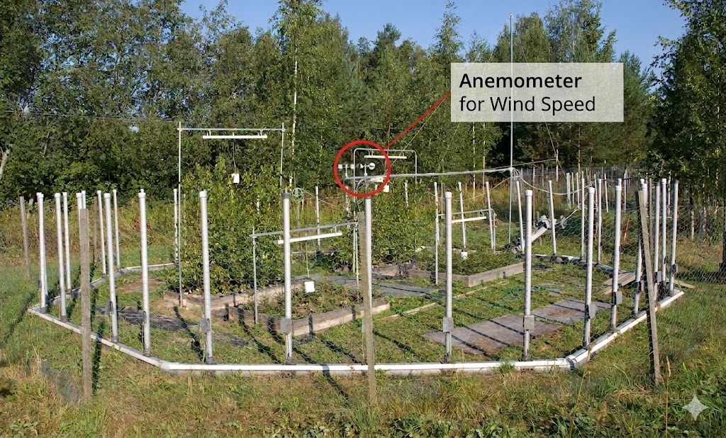 Open-air field experiment plot showing the free-air ozone fumigation system with the anemometer circled in red, used to continuously monitor wind speed and direction throughout the growing season.