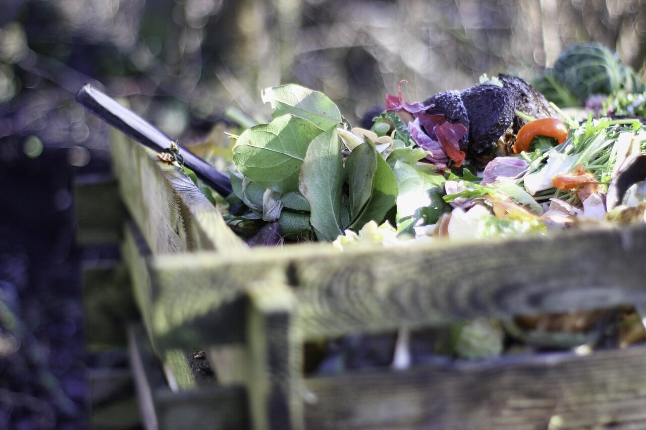Wooden compost bin topped with fresh recognisable food scraps and leaves not yet broken down