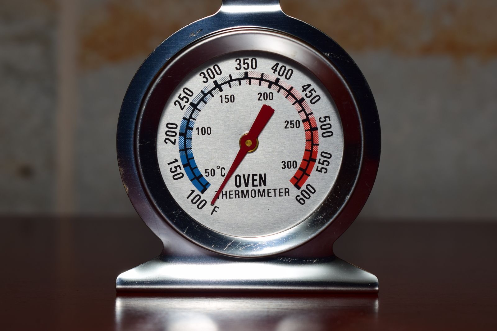 Oven thermometer showing temperature ranges representing the critical role of temperature and heating rate in determining whether slow or fast pyrolysis produces biochar bio-oil or syngas from biomass feedstock