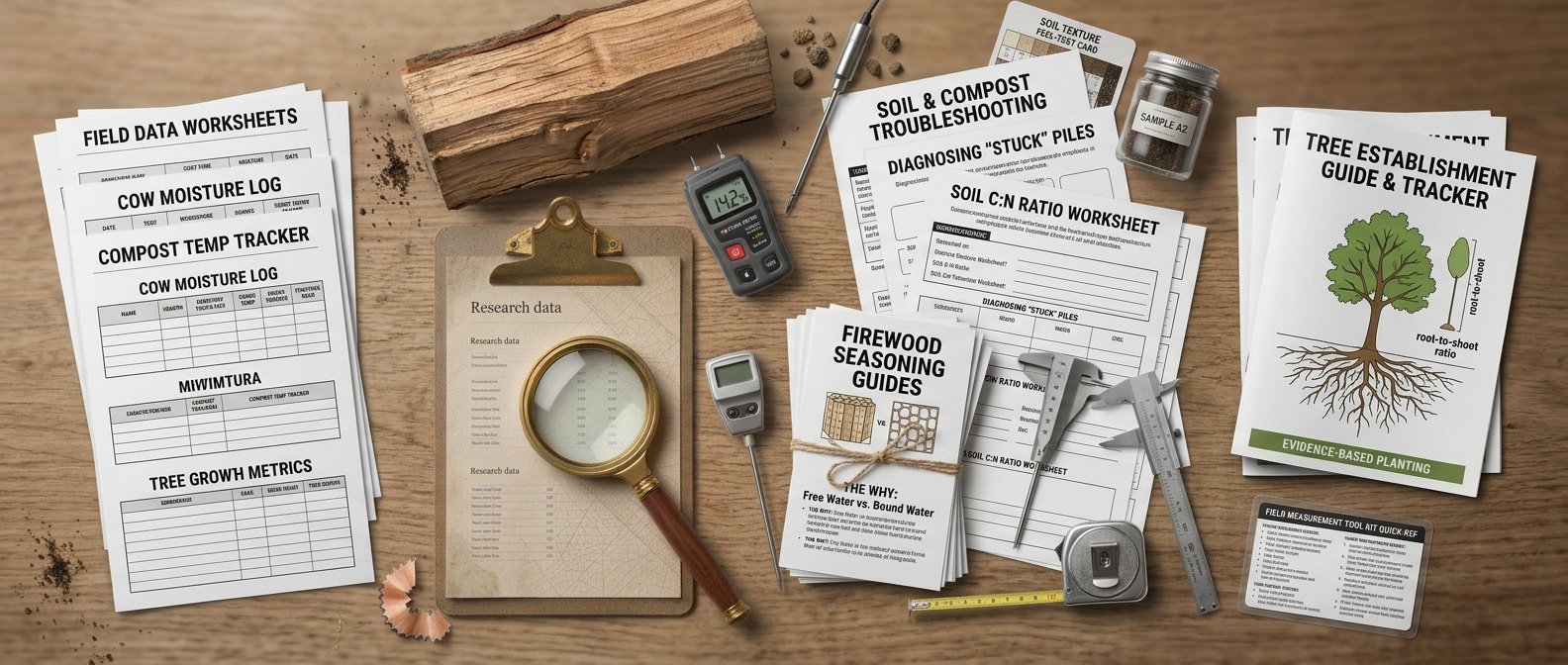 Field guides, worksheets, and printables for firewood seasoning, compost troubleshooting, and tree measurement.
