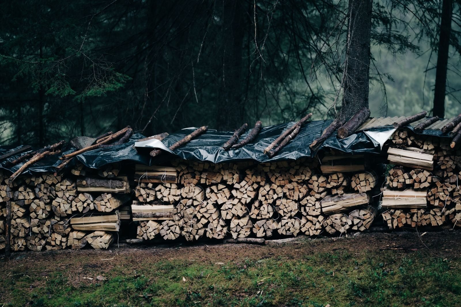 Long stack of split firewood outdoors with a cover along the top and the sides left open to the air
