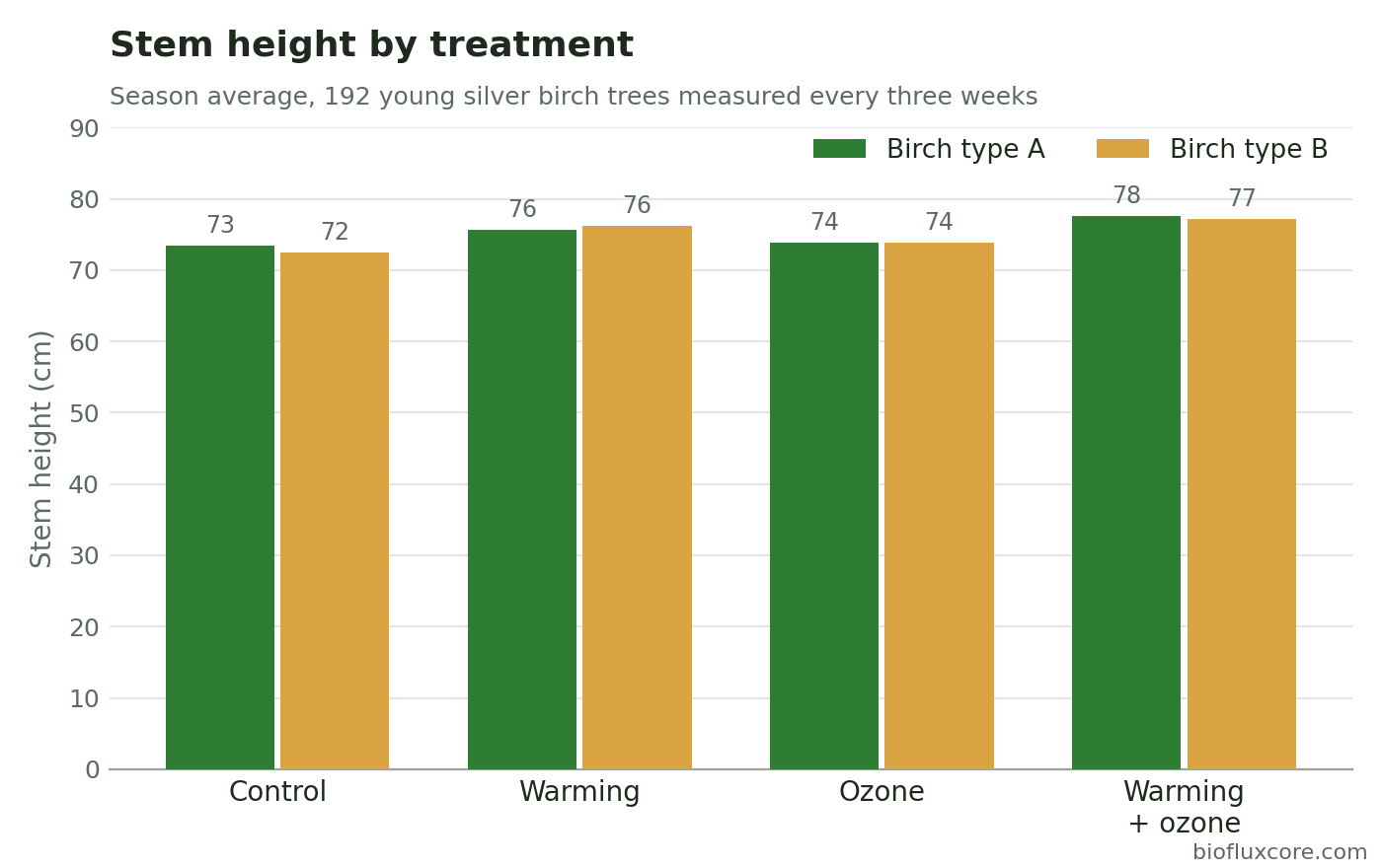 Bar chart of average stem height in two types of young silver birch under control, warming, ozone, and combined treatments