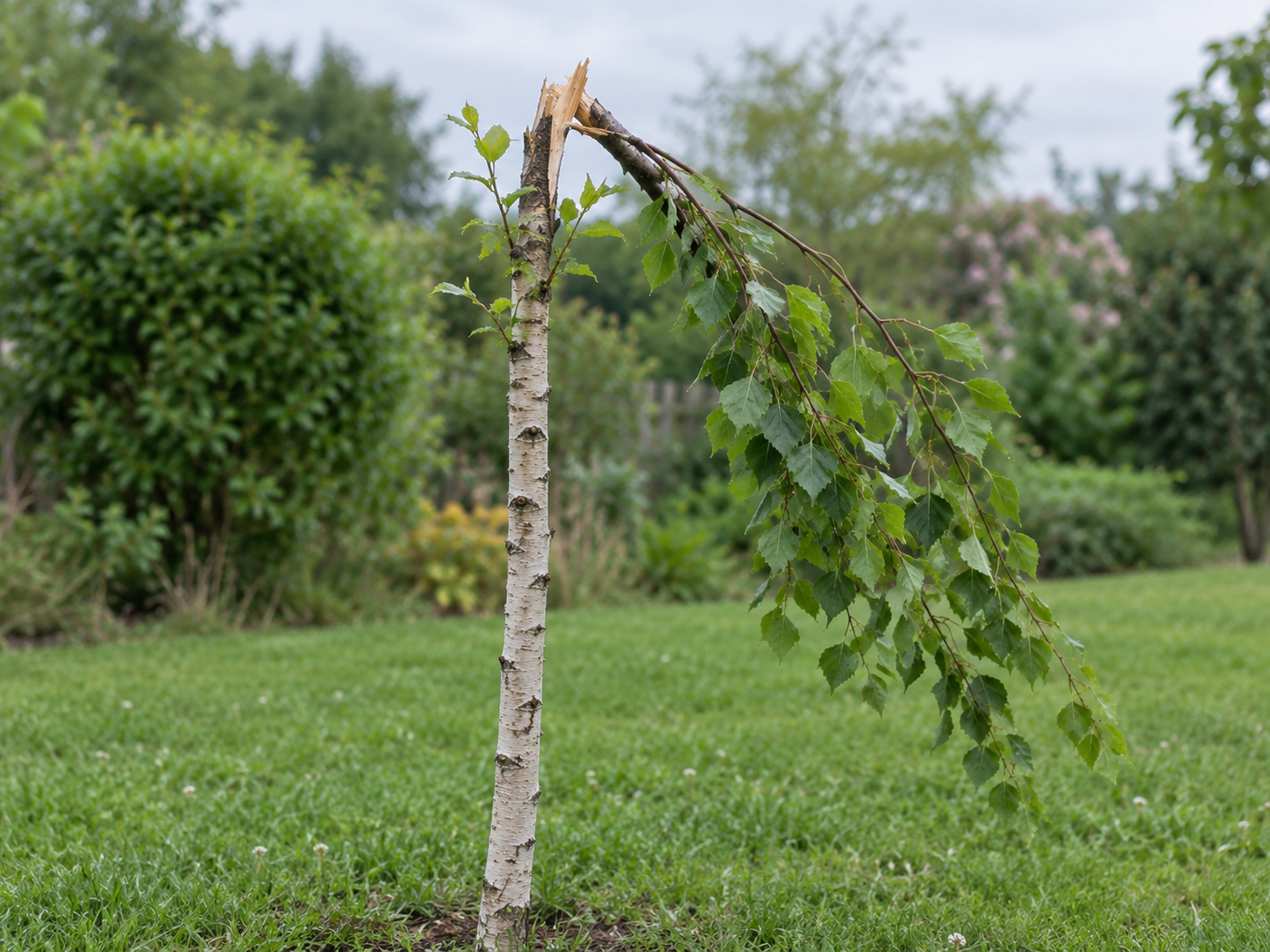 Young birch tree with its top snapped off and hanging down, with small green shoots growing below the break