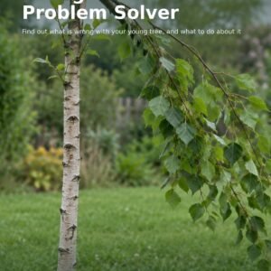 Cover of the Young Tree Problem Solver guide showing a young birch tree with its top snapped off in a garden